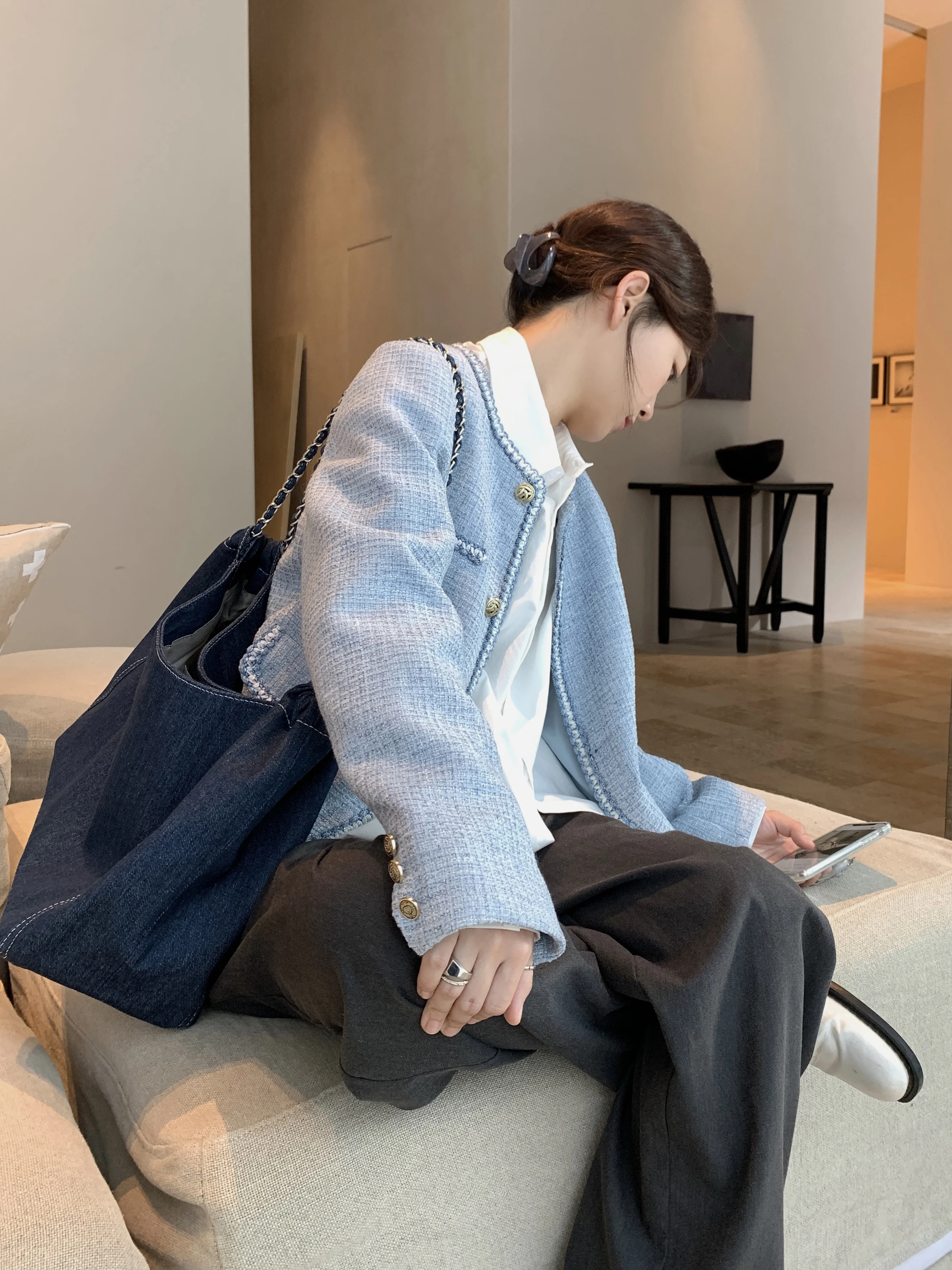 둥근 목 우아한 긴 소매 최고 여성 봄 느슨한 높은 감각 유휴 스타일 사교계 착용 짧은 겉옷