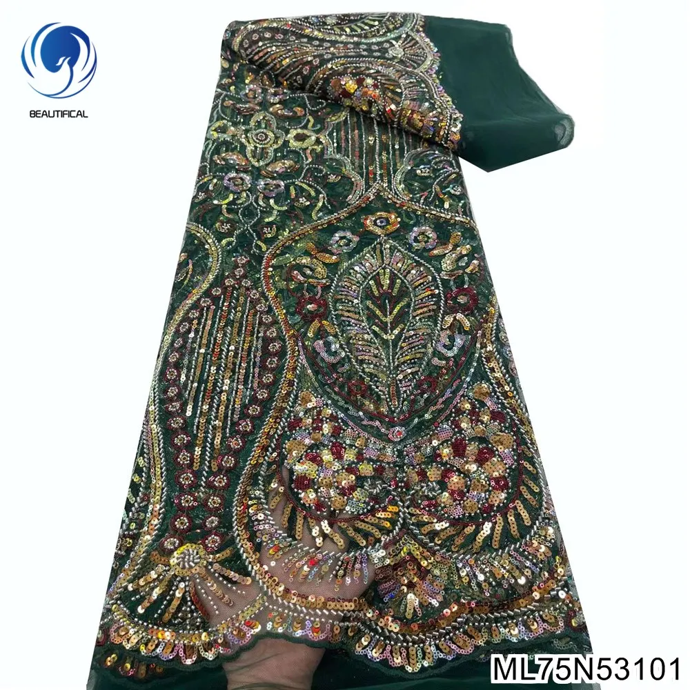 

Newly arrived handmade beads lace fabric 2022 high quality african embroidery sequins tulle fabric 5 yards for wedding ML75N531