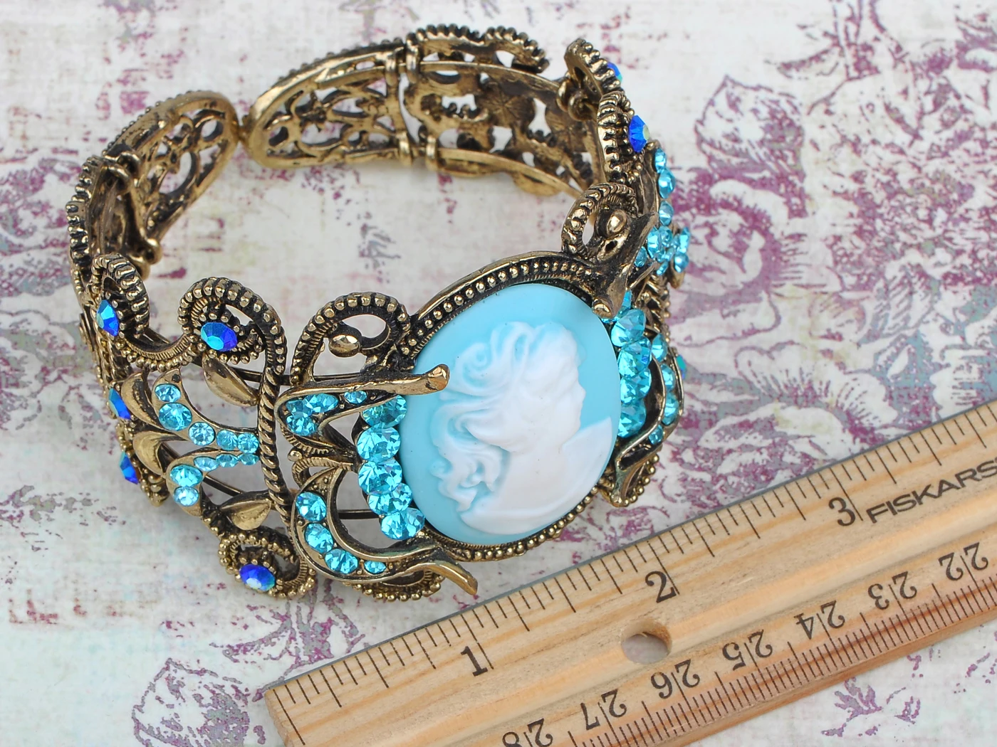 Golden Tone Blue Lady Girl Maiden Cameo Bangle Bracelet