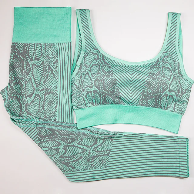 Snakeskin Women Yoga Sets Seamless Legging Fitness Suits 2 Pieces Sports Bras and Pants Gym Wear Running Clothing Wokout,ZF479 Green Yoga Sets