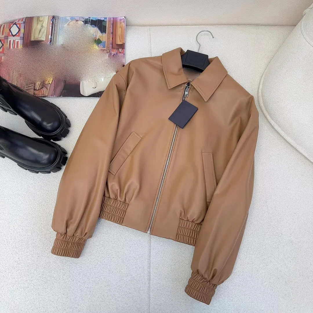 

2023 Women's Clothing Fashion leather jacket with classic lapel and elastic waist design Autumn Winter New 1208