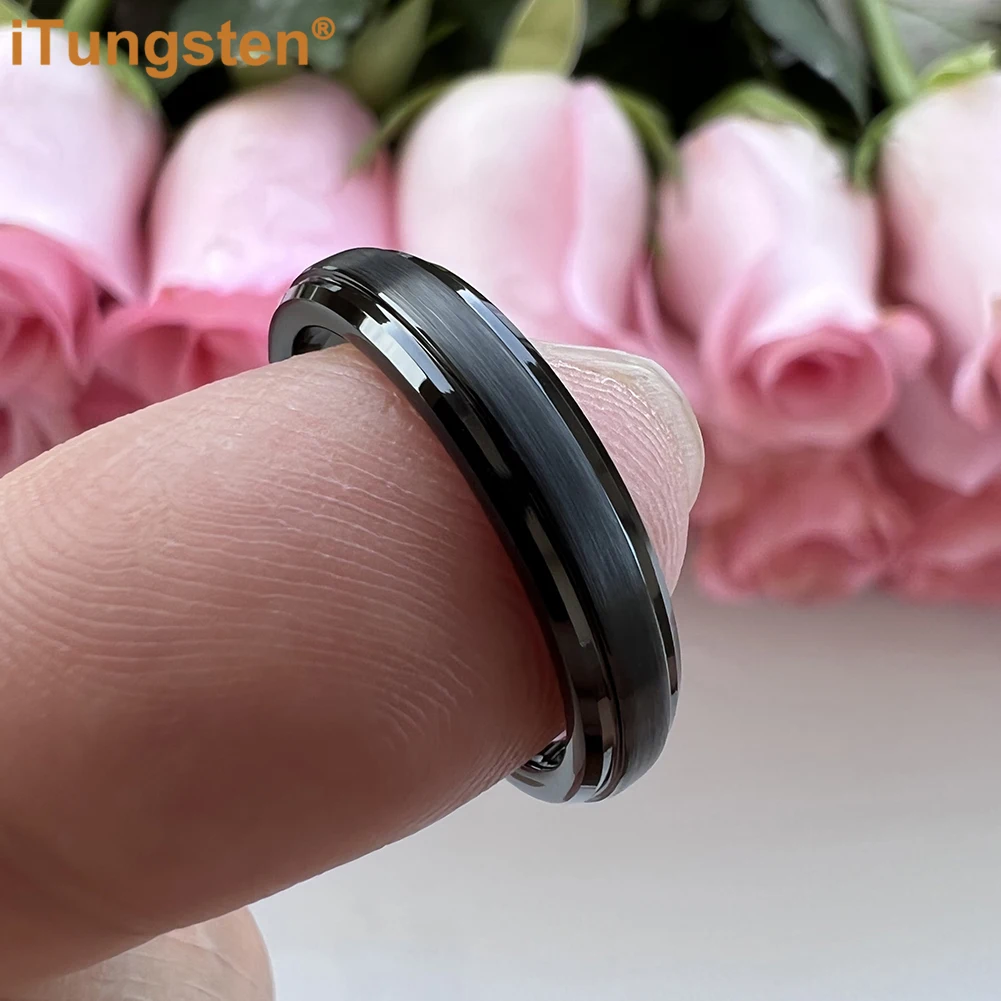 iTungsten 4mm Narrow Width Rings For Women Tungsten Engagement Wedding Band Stepped Beveled Brushed Finish Comfort Fit