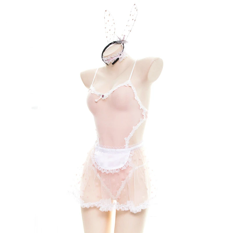 Lace Women Bunny Maid Cosplay Costume Sexy Erotic Lingerie Outfit Fancy Rabbit Girl Japanese Lace Fairy Star Print Babydoll