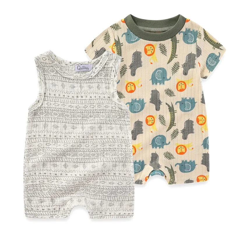 2 Pieces Cotton New Born Baby Girl Clothes Flower 0-12M Cartoon Unisex Sleeveless Baby Boy Clothes Summer Print 3