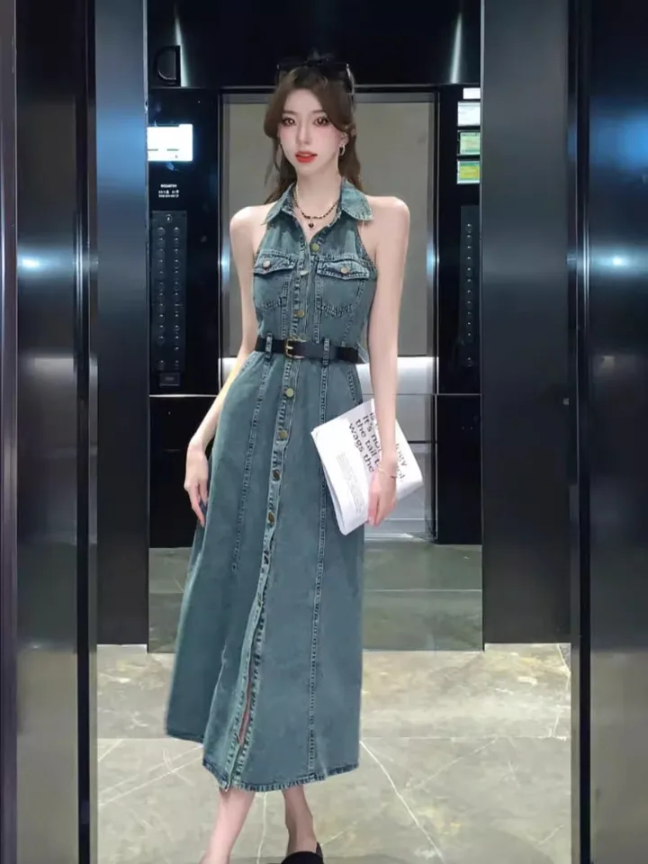 Women Long Denim Dress Summer 2024 New Fashion Sexy Blue Dresses