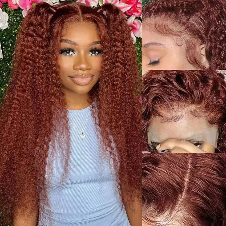 Reddish Brown Deep Curly Lace Frontal Wigs 13x4 13x6 Lace Frontal Human Hair Wigs Deep Wave Fall Colored Human Hair Lace Wigs 2