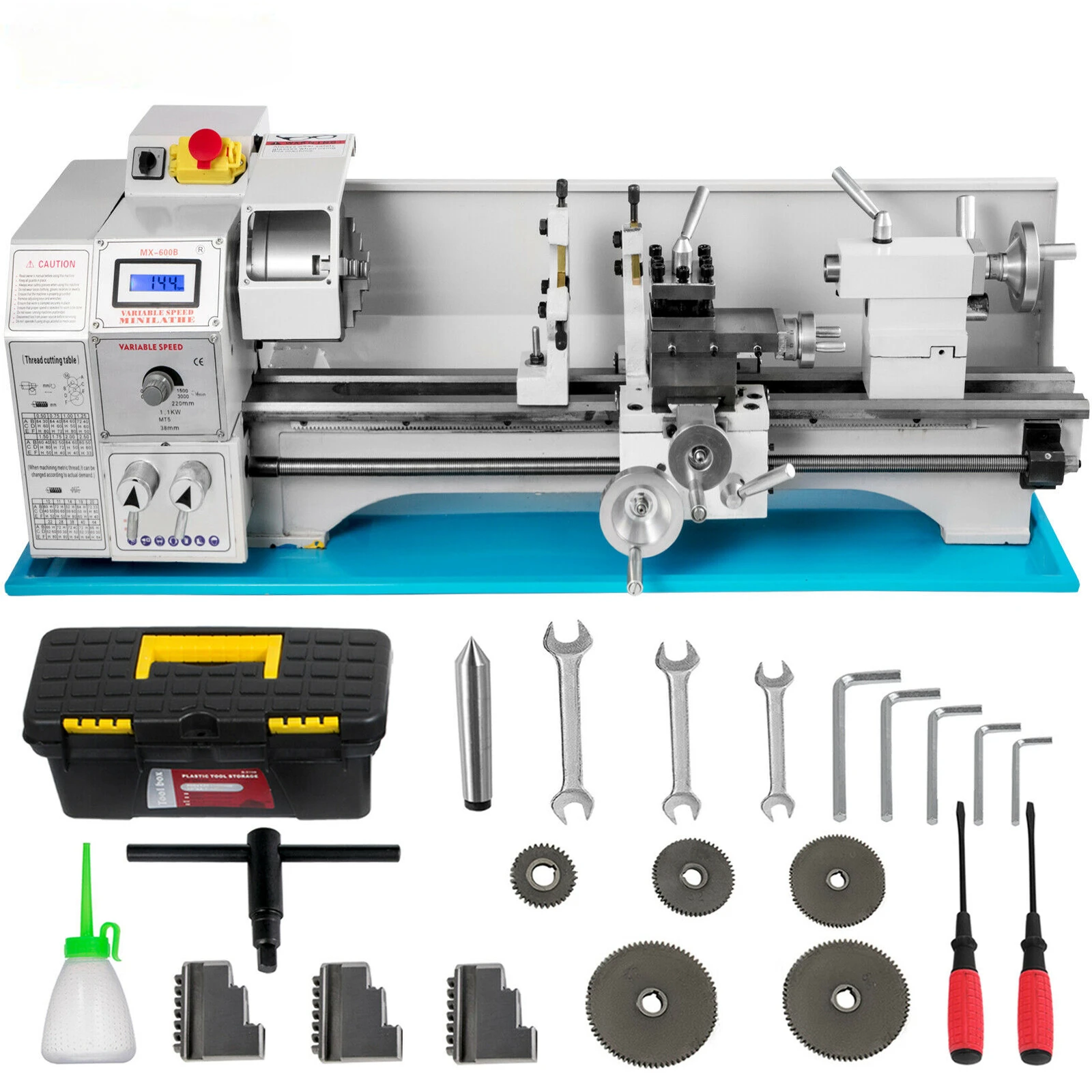 

VEVOR Metal Lathe 1100W Spindle 38mm 125mm Chuck Making Metric Threads Inch Threads Variable Speed Lathe With Lathe Accessories