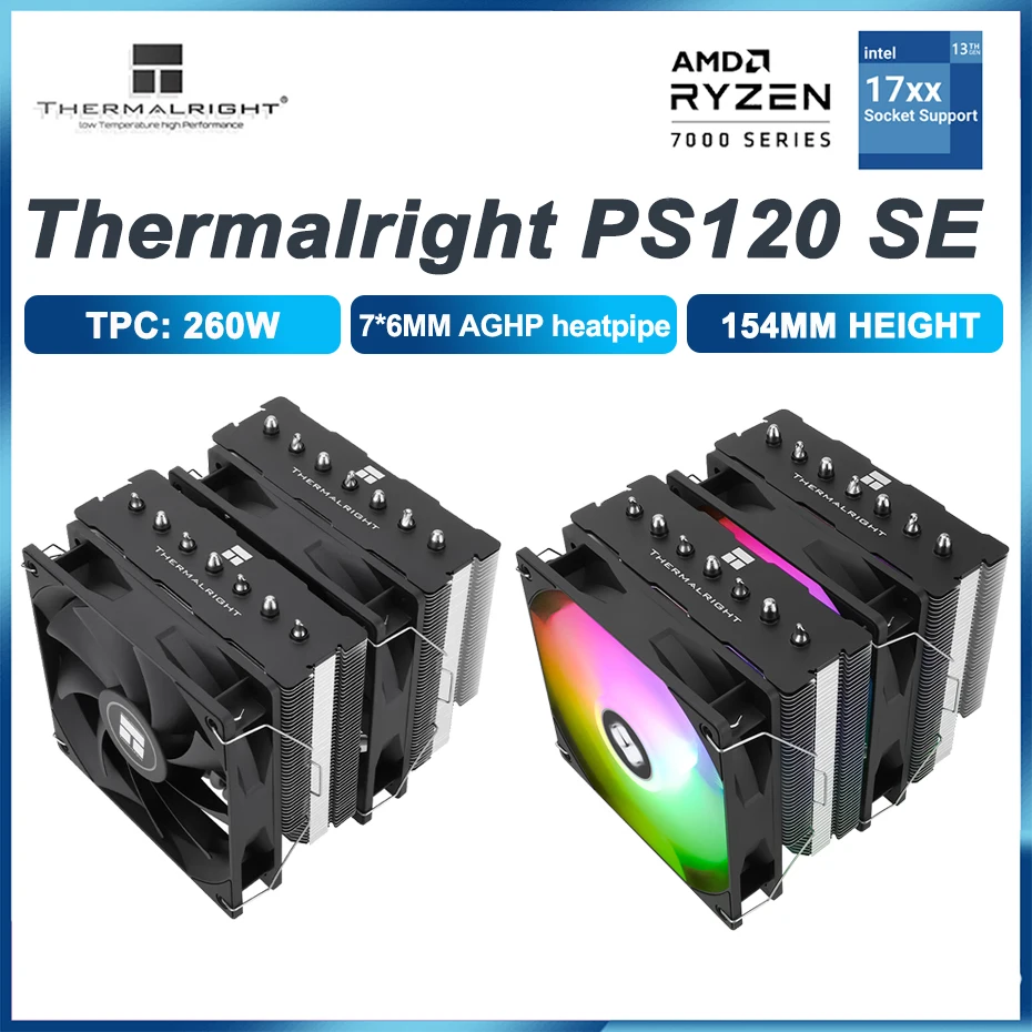 

Thermalright PS120 SE Double Tower 7 Heat Pipe CPU Cooler 4Pin PWM Cooling Dual Fan Air Radiator For LGA1700 1200 1150 AM4 AM5