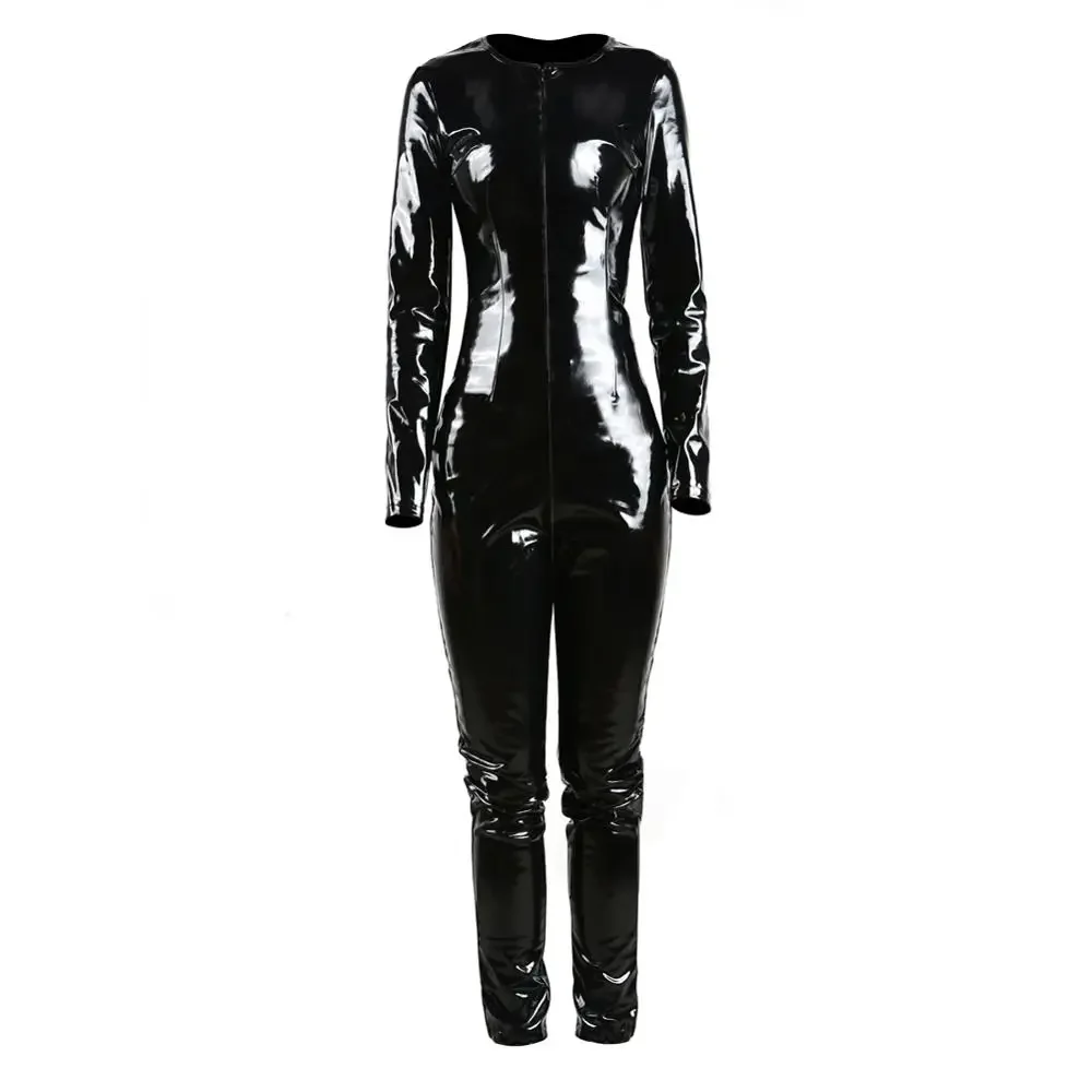 

Women Black Vinyl PVC Leather Jumpsuit Catsuit Long Sleeves Zipper Shiny Exotic Cat Women Bodysuit