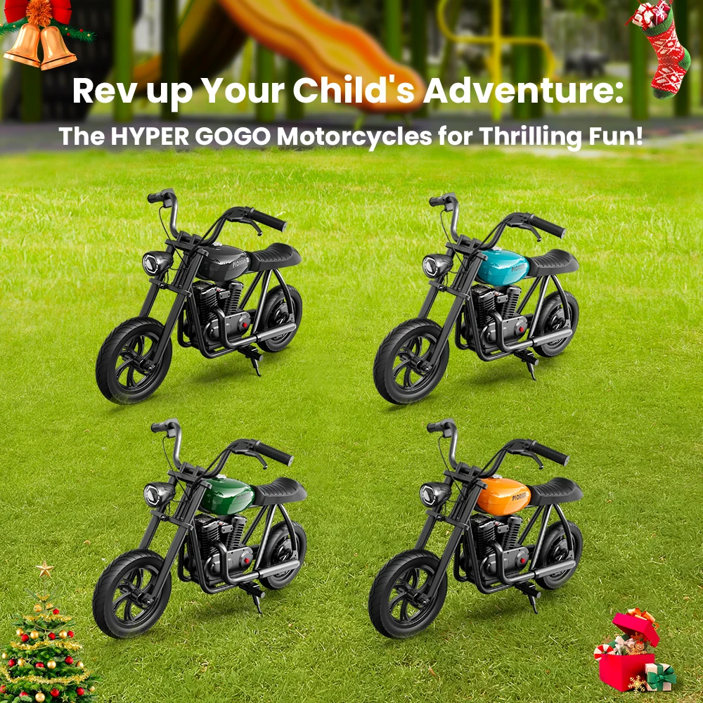 HYPER GOGO pionýr 12 elektrický sekáček motocykl pro děti 24V 5.2ah 160W s 12'x3' pneu, 12KM káča rozsah