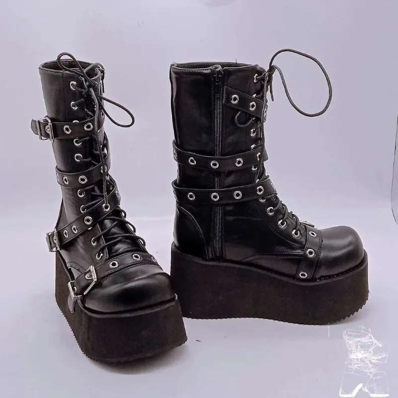 Plus Size 43 Autumn Women Platform Boots Buckle Round Toe Wedges Punk Goth INS Women Street Shoes platform boots