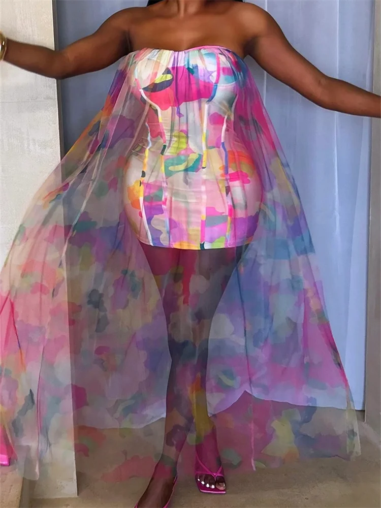 Wmstar Dress Women Wholesale Print Sexy See Through Elastic Mesh Fabric Patchwork Off Shoulder Elengant Evening Dresses Summer