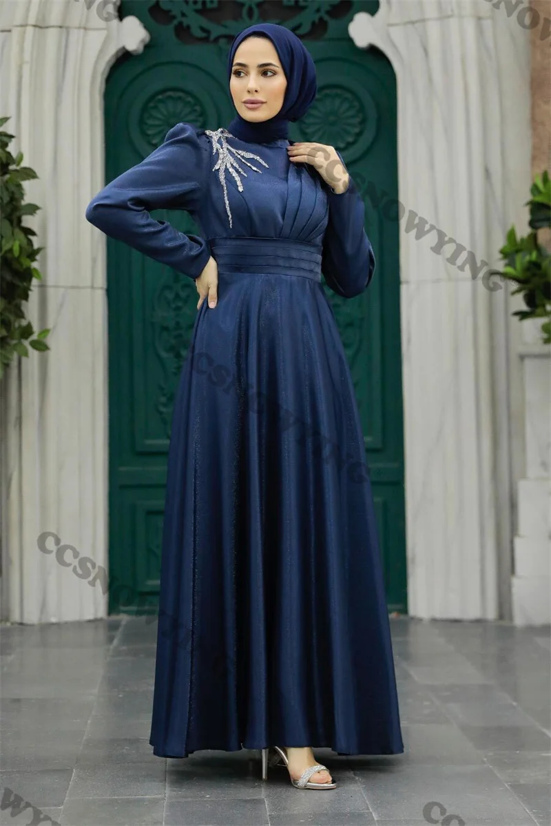 

Satin Appliques Muslim Evening Dresses Long Sleeve High Neck Hijab Islamic Formal Party Gown Women Arabic Kaftan Robes De Soirée