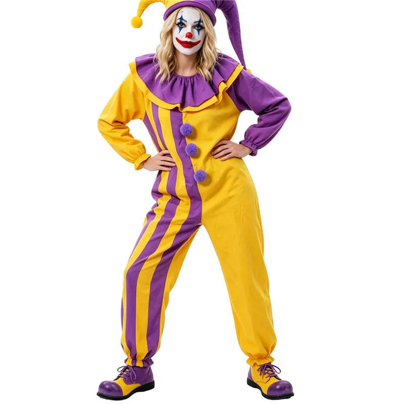 Costume da Clown Classico per Adulti, Tuta a Righe a Maniche Lunghe con Colletto Arricciato, Abbigliamento da Circo per Carnevale, Costume per Festa di Halloween - immagine 4