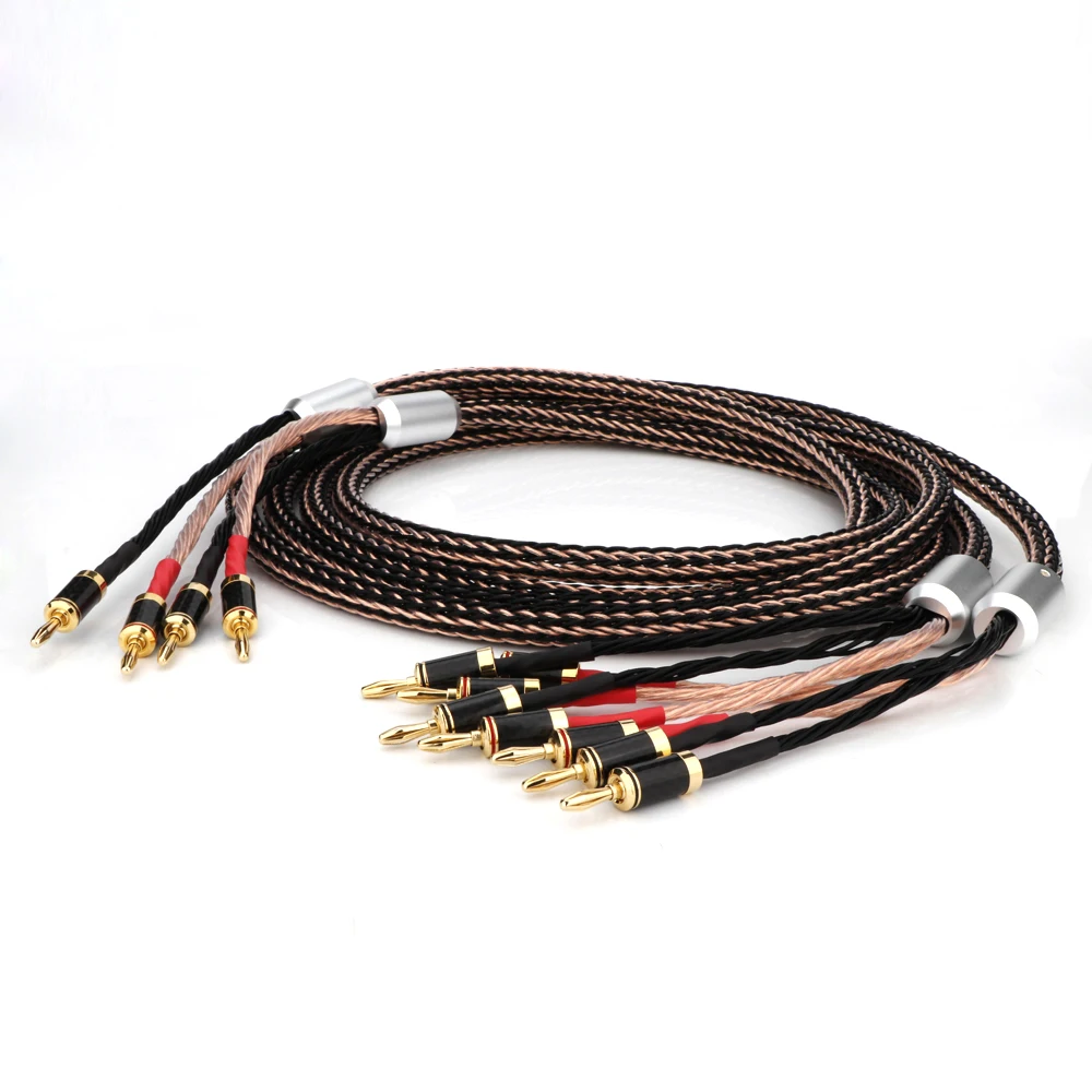 

Hifi 12TC 24cores Bi Wiring Speaker Cable Hi-end OCC Speaker Wire With Carbon Fiber Banana Plug 2 bananas to 4 bananas Connector