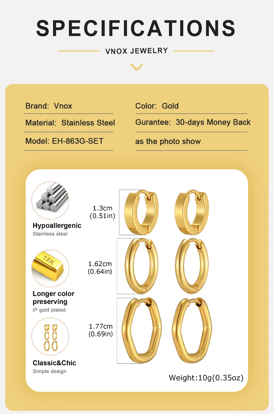 Vnox 6-teiliges Set Edelstahl-Ohrringe für Damen, Goldfarben, Unregelmäßige Creolen, Schmuckset – Detail 4