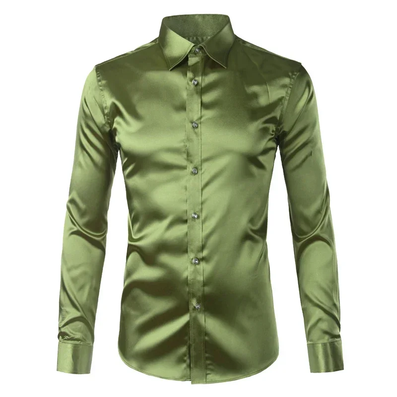 Luxury Shirt Men Silk Satin Smooth Mens Dress Shirts Casual Button Down Suit Shirts Party Ball Wedding Camisa Masculina M-XXXL