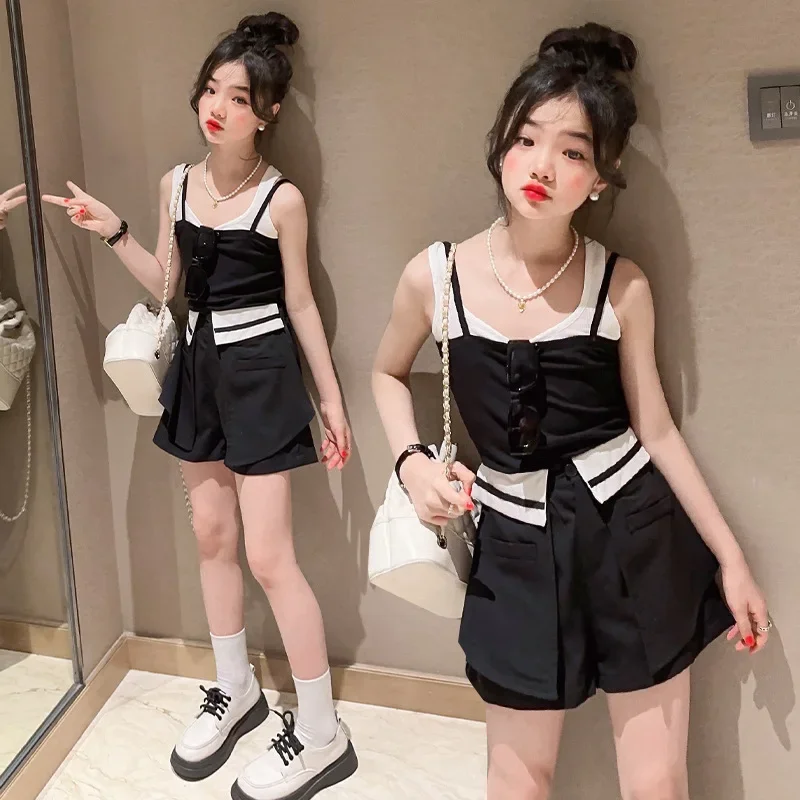 

Новое поступление, комплекты для девочек, размер 110-170 см, летний модный жилет, горячие шорты, набор для девочек, черный, белый, уличная одежда для маленьких девочек