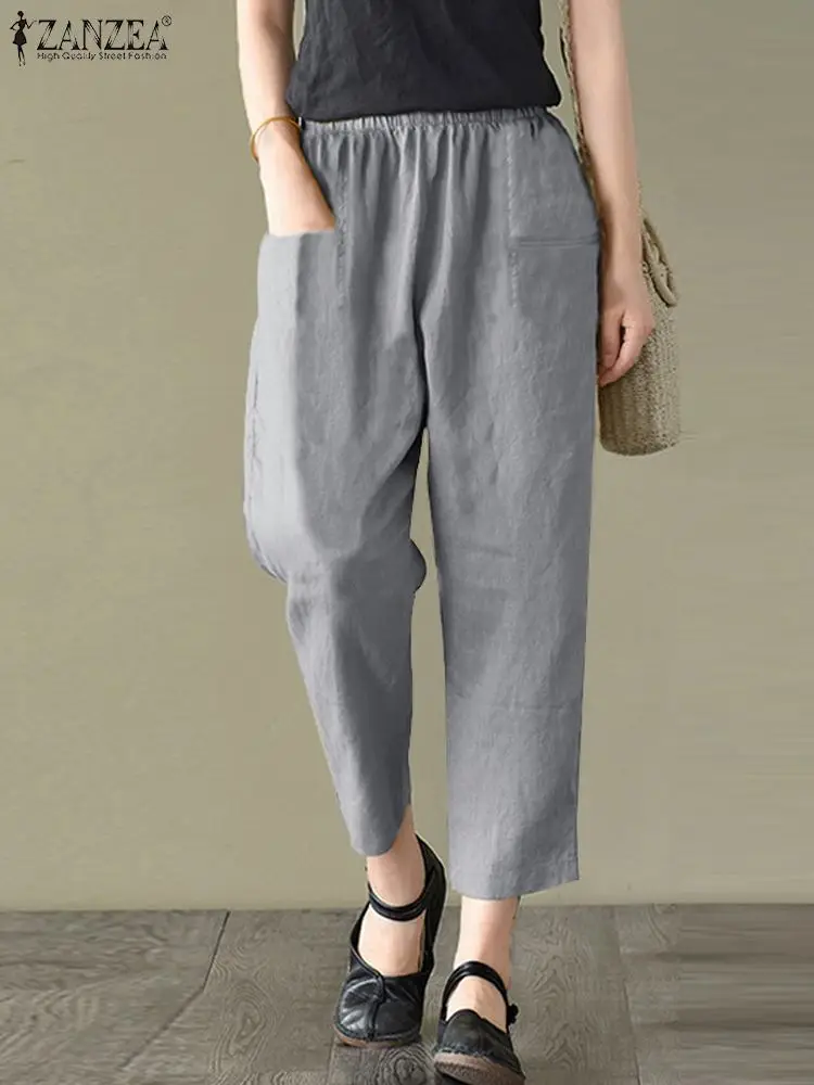 

Women Elastic Waist Pants Ankle Length Harem Palazzo 2023 ZANZEA Vintage Cotton Trousers Elegant Loose Pantalon Oversize Capris