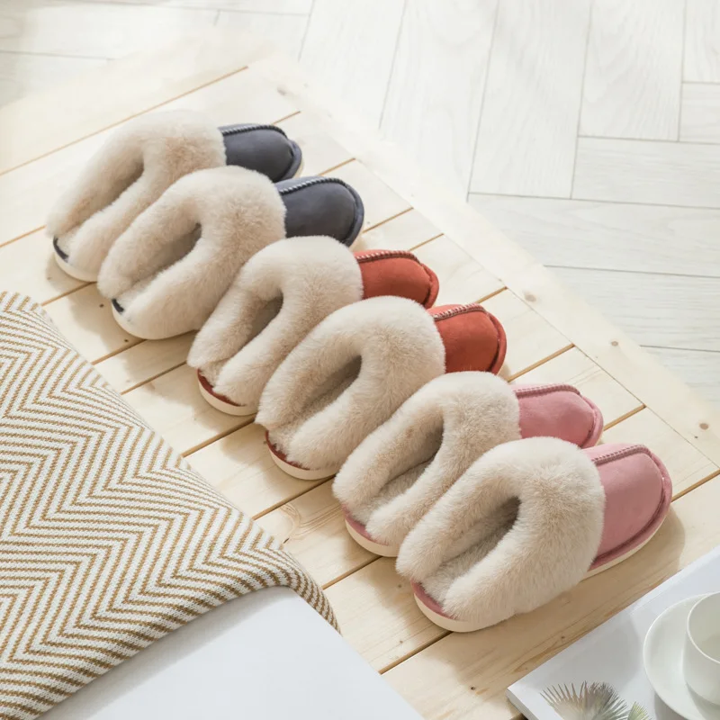 2025 Winter Warm Home Fur Slippers Women Luxury Faux Suede Plush Couple Cotton Shoes Indoor Bedroom Flat Heels Fluffy Slippers — view 3