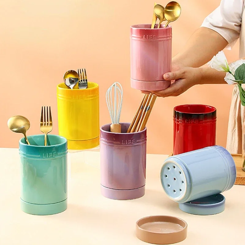 1 PCS Utensil Holder Canister Ceramic Kitchen Cutlery Organizer Counter Porcelain Cooking Tableware Storage Drying Container