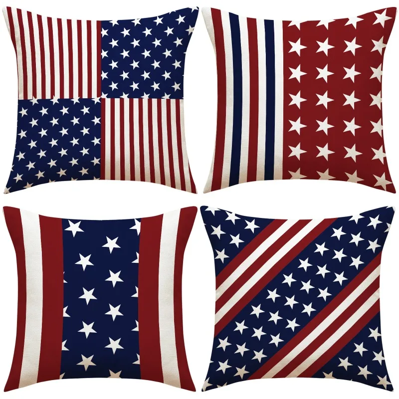4. Juli Unabhängigkeitstag Kissenbezüge Set (4 Stück) – 45x45 Cm, Amerikanische Flagge Design, Baumwoll-Leinen