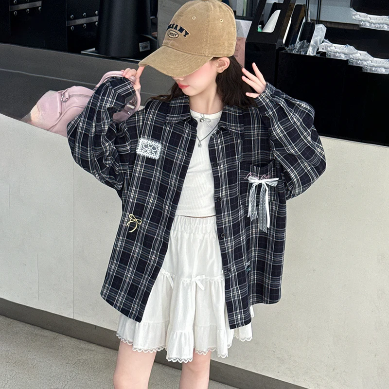여아 셔츠 봄 가을 2026 캐주얼 귀여운 다용도 루즈핏 리본 레이스 장식 플래드 긴팔 키즈 블라우스 아동복