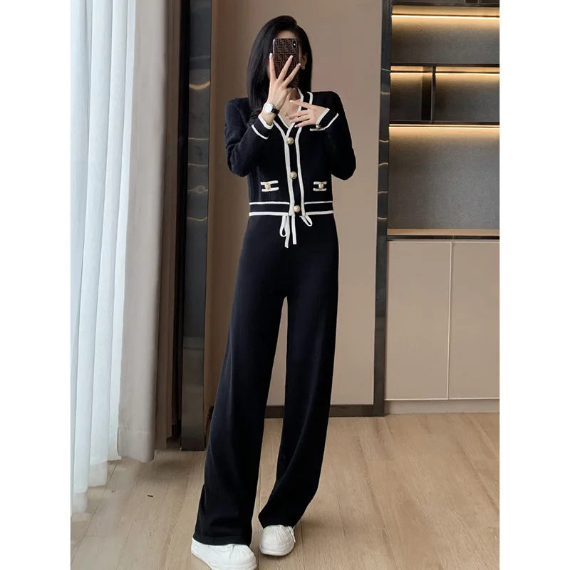 Tesco Women's Suit Blazer And Pants Knitting 2 Pieces Set High Quality Cardigan And Wide Leg Pants For Office Lady ropa de mujer
