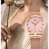 2PCS Set Women Watch Set Trendy Pink Design Mesh Belt Alloy Wristwatch Fashionable Timepiece Quartz Watch Lady 3