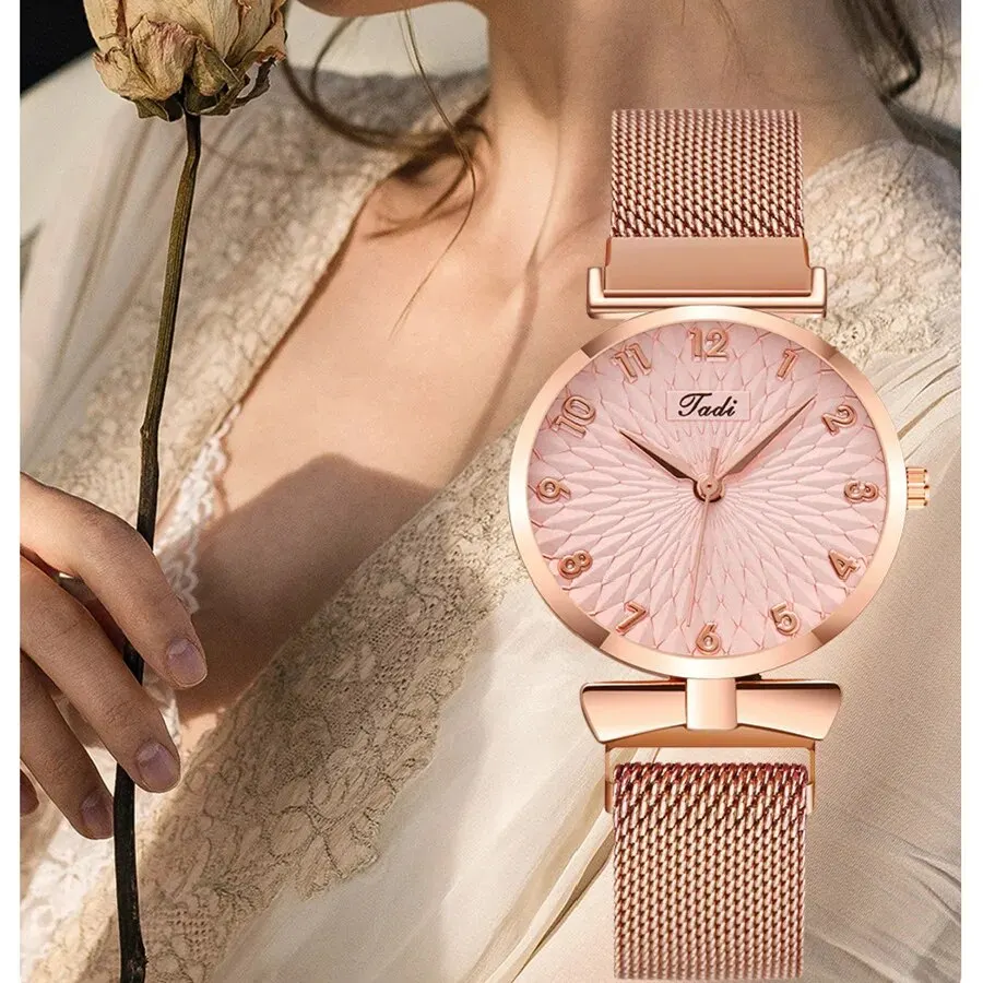 2PCS Set Women's Watch Set Trendy Pink Design Mesh Belt Alloy Wristwatch Fashionable Timepiece Quartz Watch Lady 2