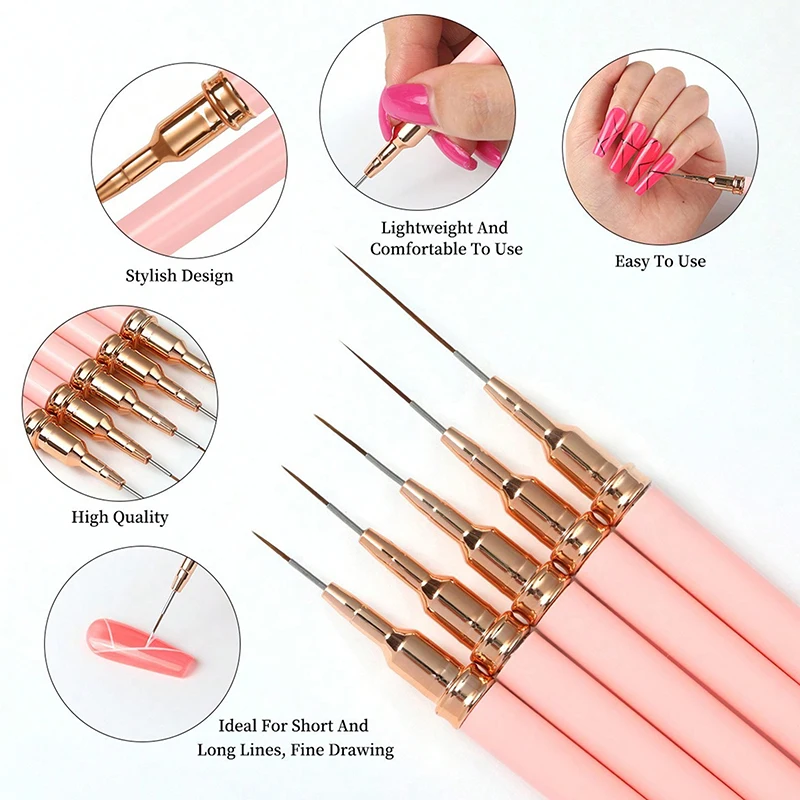 5pcs Nail Art Liner Brush Set UV Gel Nail Brushes Kits French Stripe Line Painting Drawing Flower Pen Professional Manicure Tool