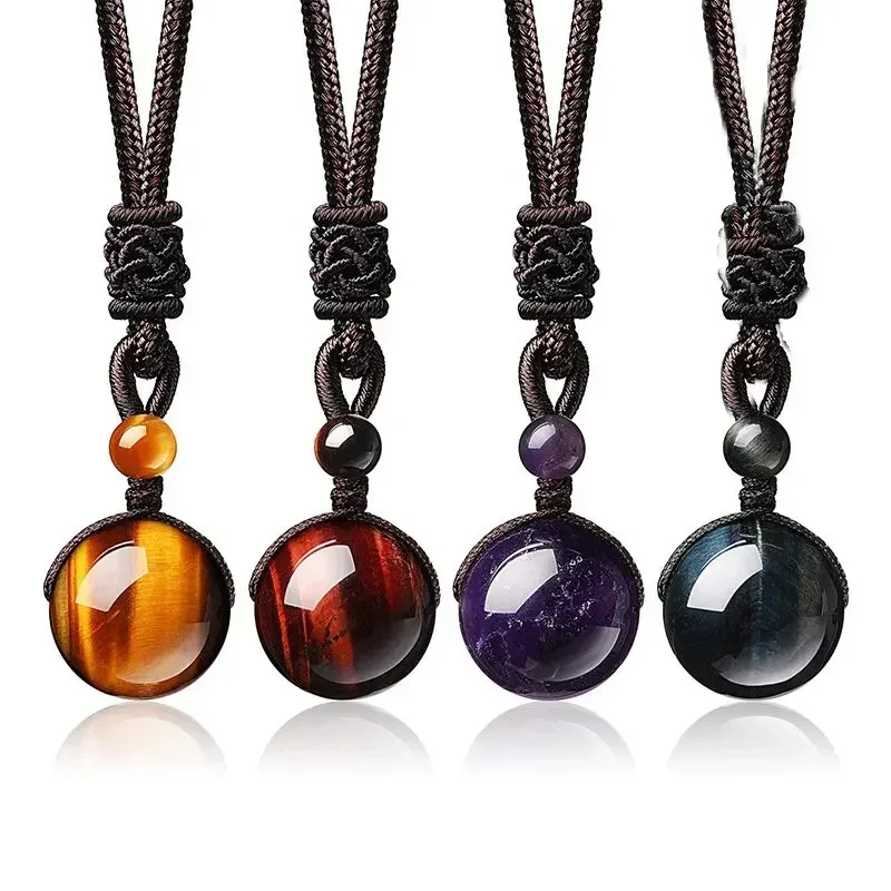 

*16 Mm Black Obsidian Tiger Eyes Amethyst Stone Women Men Necklaces with Adjustable Braided Rope Cords Natural Crystal Pendant N