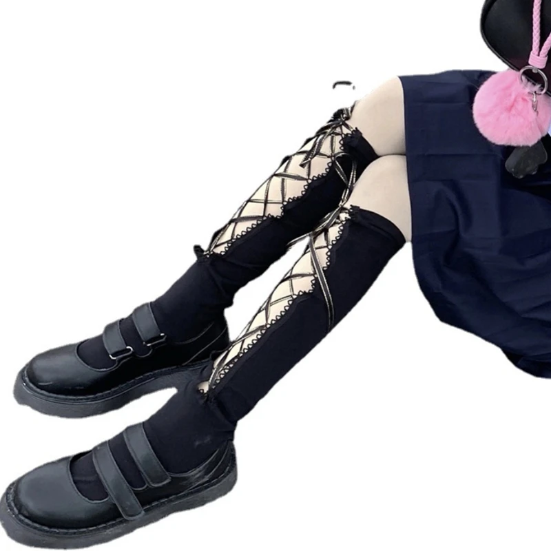 

Women Gothic Cotton Knee High Socks Japanese Criss-Cross Lace-Up Ribbon Bandage Bowknot Harajuku Student