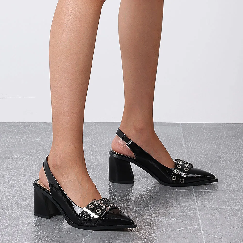Women's Slingback Heels Block Chunky Heel Comfortable Pointed Toe Pumps Wide Metal Buckle Strap Office Party Dress Shoes Woman