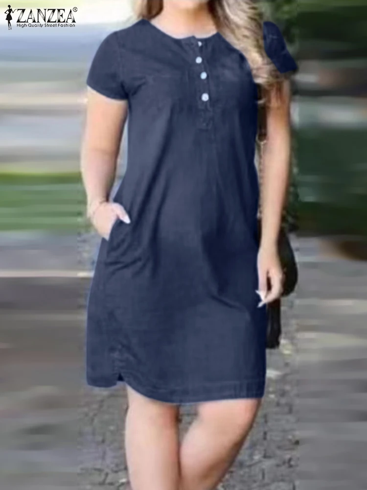 

ZANZEA Fashion Knee Length Dress Woman Elegant Office Denim Dresses Female Short Sleeve O-Neck Sundress Vintage Party Robe 2023