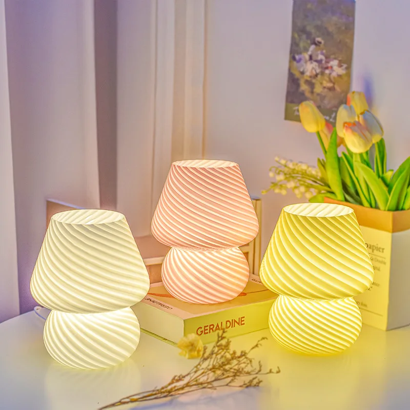 

Glass LED Desk Lamp For Bedroom Bedside Korean Ins Style Striped Mushroom Table Decor Cute Translucent Ring