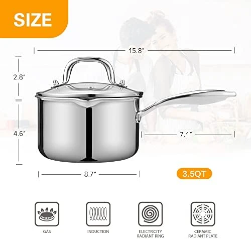 Steel Saucepan with Glass Lid, 3.5 Quart Multipurpose Sauce Pan