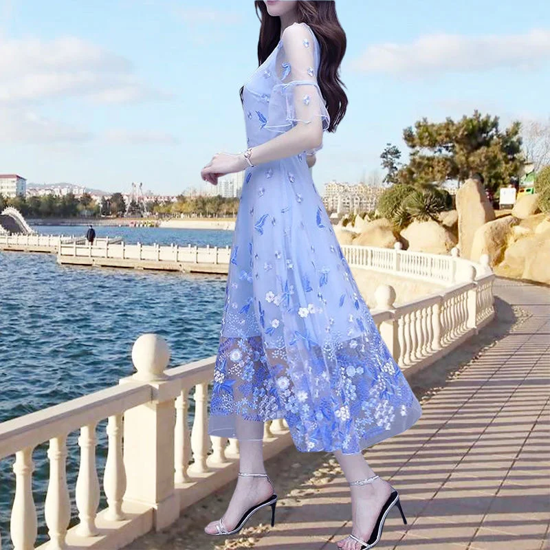 

Женское модное платье с вышивкой в Корейском стиле, новинка 2024, супер неувядающее сказочное платье, летняя модная Высококачественная сетчатая юбка, трапециевидная юбка