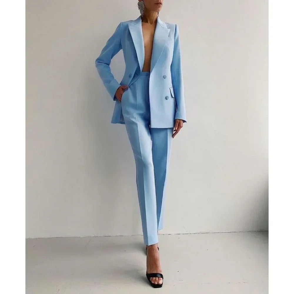 Women Office Pant Suit Double Breasted Full Sleeve Blazers Jacket Wide Leg  Pant Two Pieces Set Lady Outfits Work Clothes (Color : Sky Blue, Size :  Small) : Amazon.co.uk: Fashion