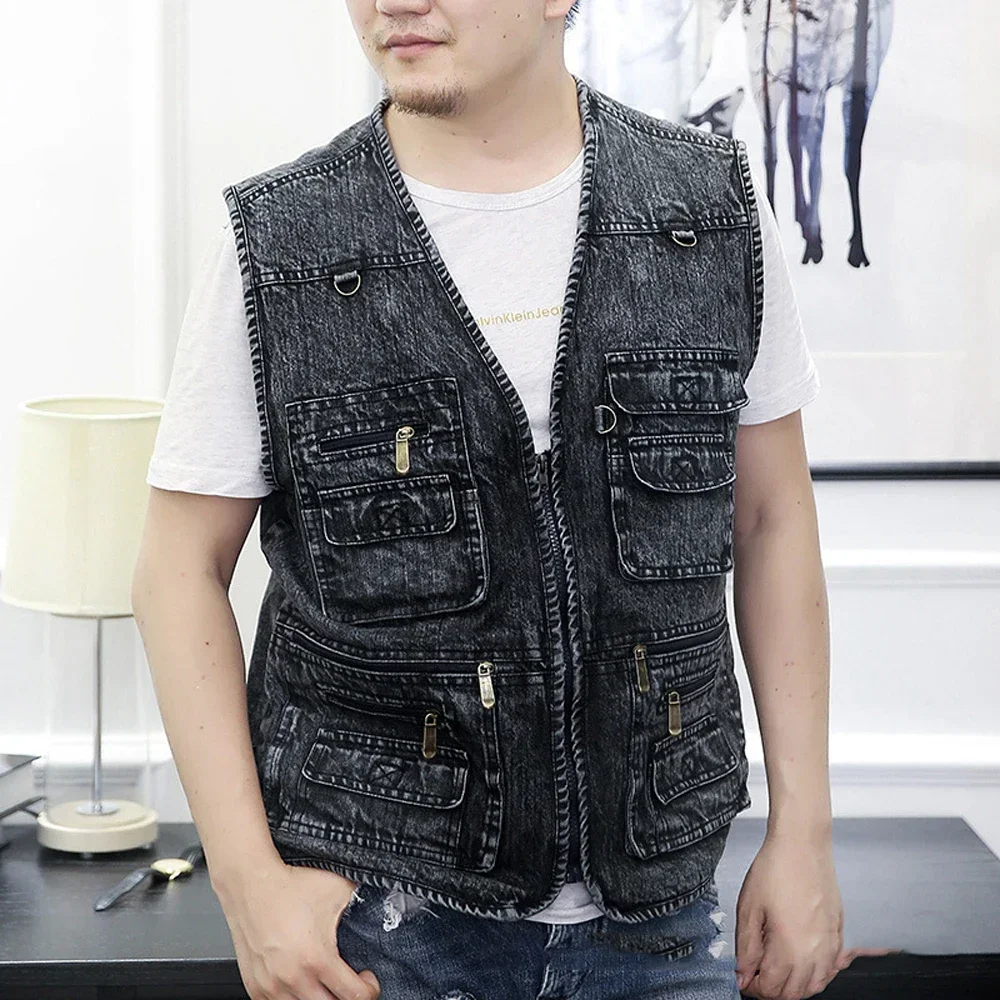 New Men's Denim Vest Jacket Dark Blue Black Sleeveless Truck Driver Cyclist Denim Jacket Multi-pocket Zipper Sleeveless Vest