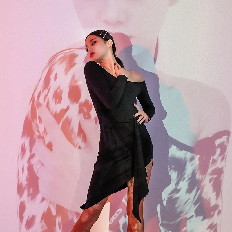 

Women's Off-shoulder Sexy Latin Dance Costume Long-sleeved Slim Dress with Irregular Skirt Stage Performance Dance Wear L22377