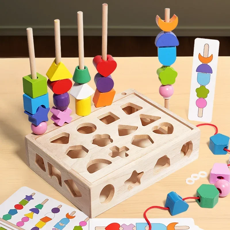 5 in1 Montessori Wooden Toys Color Shape Cognition Blocks Matching Sorting Game Beaded Early Educational Toys Children