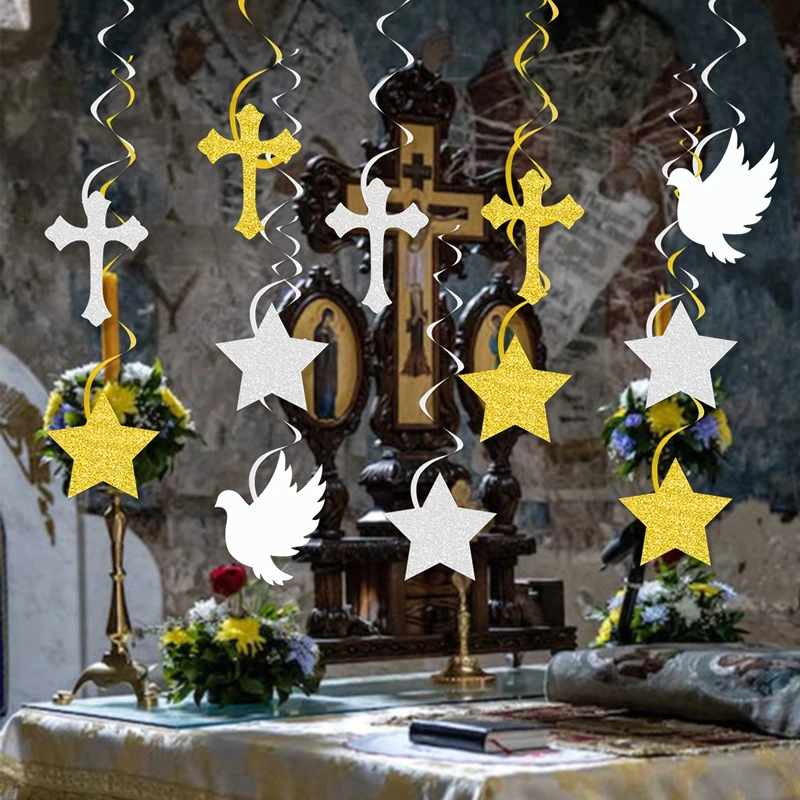 6/12 Stück Erstkommunion hängende Wirbel Kreuz und Frieden Taube Banner Taufe Dekoration für Jungen Mädchen Baby Shower Party Dekor – Detail 3