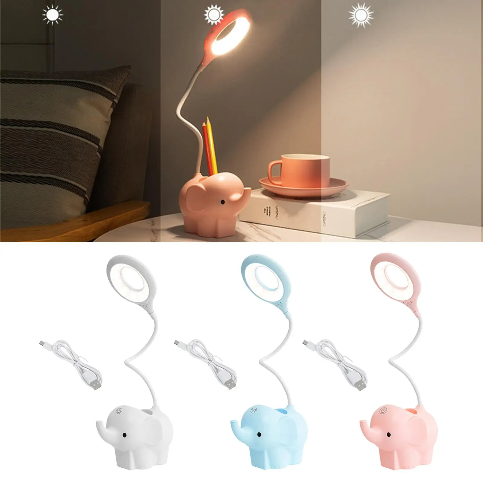 Elephant LED Table Desk Lamp Night Light 3 Stage Dimming w/Phone Holder