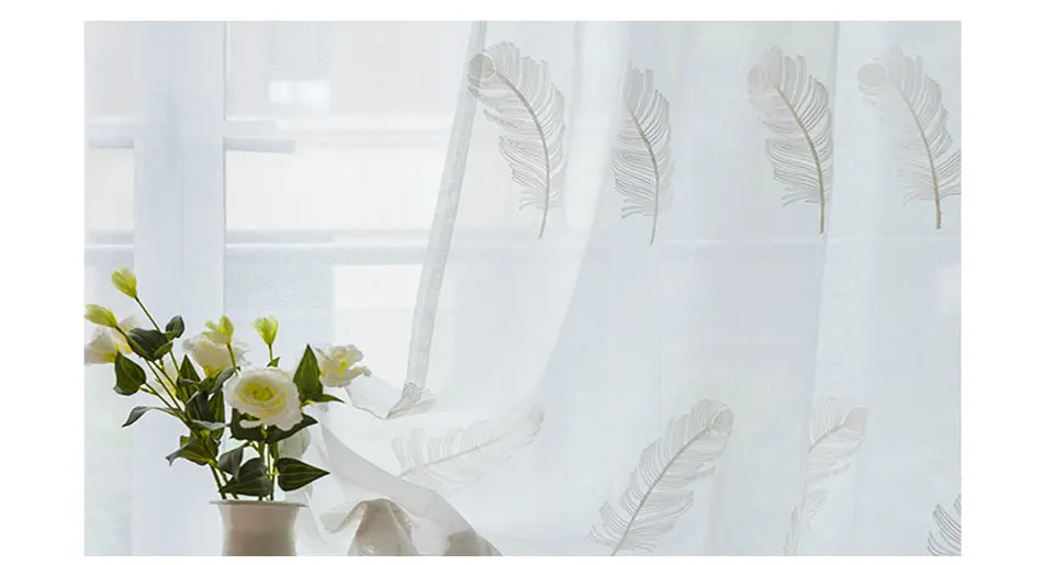 Modern Embroidered Feather White Tulle Curtains For Living Room Linen Window Sheer Voile Curtain For Bedroom Kitchen Drapes