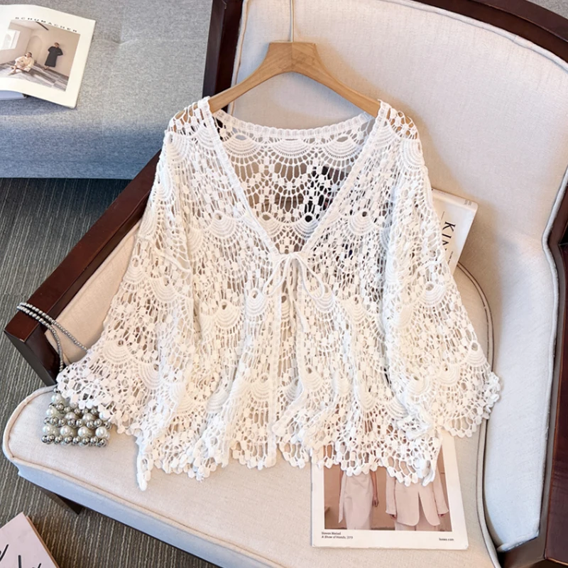 Hook Flower Hollow V-Neck Cardigan