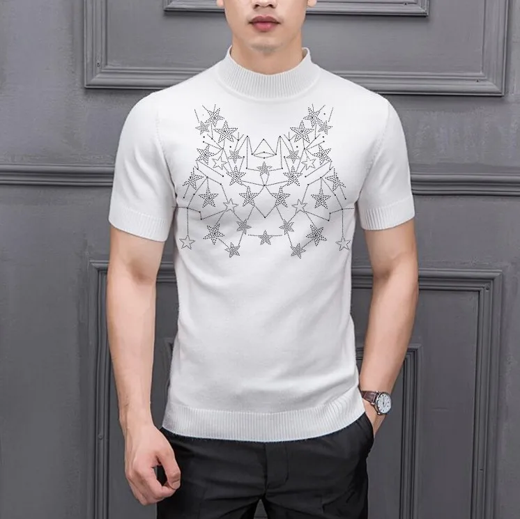

Men sweater Fashion Rhinestone Summer Short Sleeve Casual Cotton Comfortable Trend Top Grade Designer Dropshipping