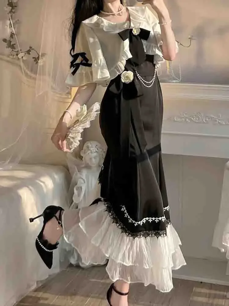 

French Vintage Fairy Mermaid Dress Women Lace Korean Party Princess Strap Dress Female 2024 Spring Court Sweet Lolita Midi Dress