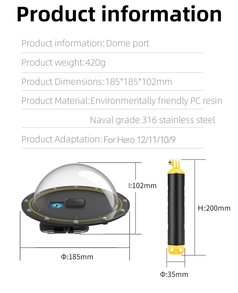 TELESIN 30M Waterproof Dome Port Underwater Housing Case With Floating Handle Tr
