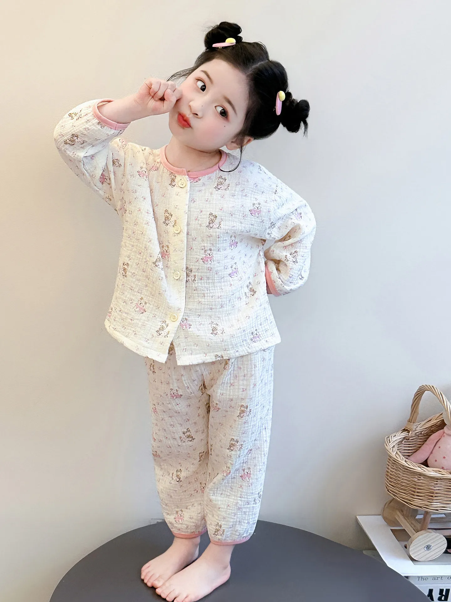 여아 면 잠옷 봄 가을 A급 순면 거즈 아동 홈웨어 여름 에어컨 수트 한국 스타일